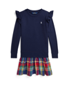 Polo Ralph Lauren Kids' Big Girls Madras-skirt Fleece Dress In Newport Navy W/white