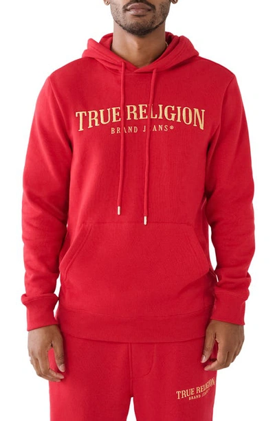 True Religion Brand Jeans Shine Arch Embroidered Pullover Hoodie In Jester Red