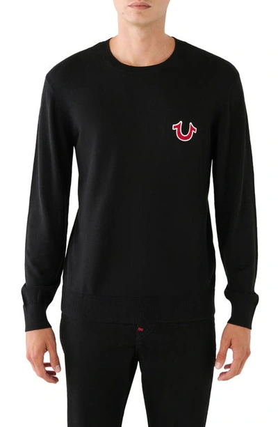 True Religion Brand Jeans Appliquéd Crewneck Sweater In Jet Black