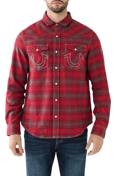 True Religion Brand Jeans Big T Plaid Cotton Snap-up Western Shirt In Cabernet/granite Grey Plaid