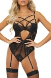 Seven 'til Midnight Fishnet Lace Strappy Teddy In Black