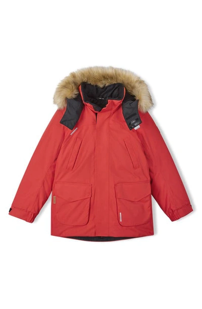 Reima Kids' Tec Serkku Waterproof & Windproof Insulated Recycled Polyester Parka With Removable Faux In Tomato Red