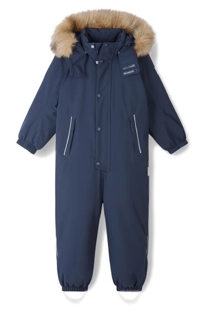 Reima Kids' Tec Stavanger Windproof & Waterproof Insulated Snowsuit With Removable Faux Fur Trim In Navy