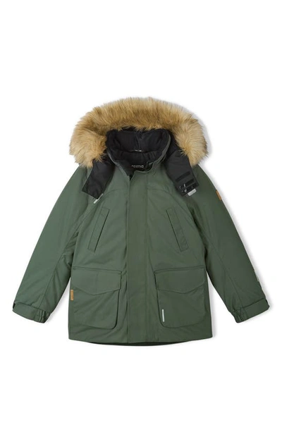 Reima Kids' Tec Serkku Windproof & Waterproof Jacket With Removable Faux Fur Trim In Thyme Green