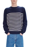 Apc Pull Matthew Stripe Recycled Cashmere & Cotton Crewneck Sweater In Tiq Dark Navy/ Ecru