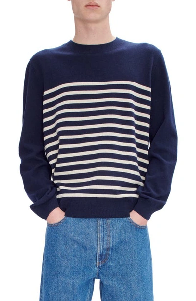 Apc Pull Matthew Stripe Recycled Cashmere & Cotton Crewneck Jumper In Tiq Dark Navy/ Ecru