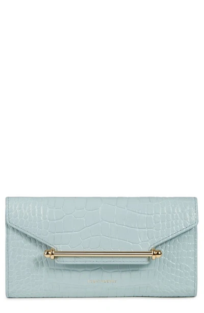 Strathberry Multrees Croc Embossed Leather Wallet On A Chain In Duck Egg Blue