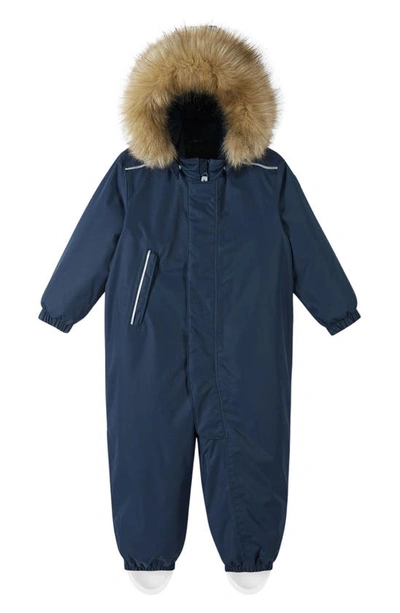 Reima Babies' Tec Gotland Waterproof Insulated Snow Bib Overalls With Faux Fur Trim In Navy
