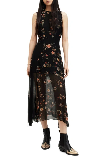 Allsaints Jules Tanana Floral Chiffon Midi Dress In Black