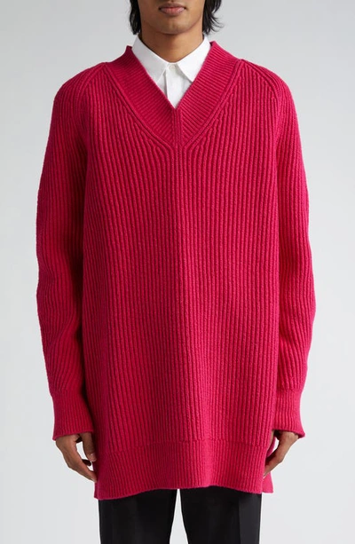 Jil Sander Structured Cotton & Wool Blend V-neck Sweater In Dragon Fruit