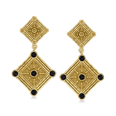 Ross-simons Italian Onyx Etruscan-style Drop Earrings In 18kt Gold Over Sterling In Black