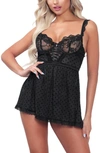 SEVEN 'TIL MIDNIGHT LACE CUP HEART MESH BABYDOLL & THONG SET