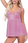 SEVEN 'TIL MIDNIGHT LACE CUP HEART MESH BABYDOLL & THONG SET