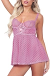 SEVEN 'TIL MIDNIGHT SEVEN ‘TIL MIDNIGHT LACE CUP HEART MESH BABYDOLL & THONG SET