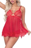 SEVEN 'TIL MIDNIGHT LACE TRIM MESH BABYDOLL & PANTIES SET