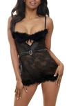 SEVEN 'TIL MIDNIGHT SEVEN ‘TIL MIDNIGHT FEATHER TRIM LACE BABYDOLL & G-STRING SET