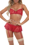 SEVEN 'TIL MIDNIGHT SEVEN ‘TIL MIDNIGHT LACE UNDERWIRE BRA, SKIRTED GARTER BELT & G-STRING SET