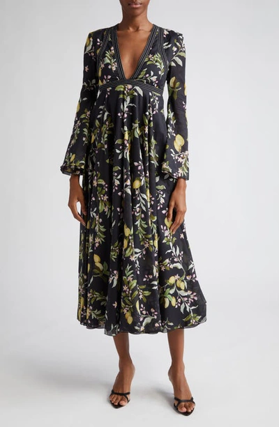 Giambattista Valli Lemon Print Long Sleeve Plunge Neck Midi Dress In Black Yellow