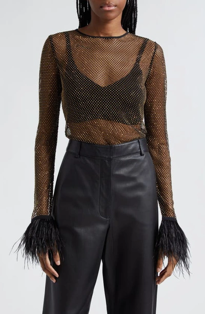 Camilla Hotfix Mesh Top With Ostrich Feathers In Multi