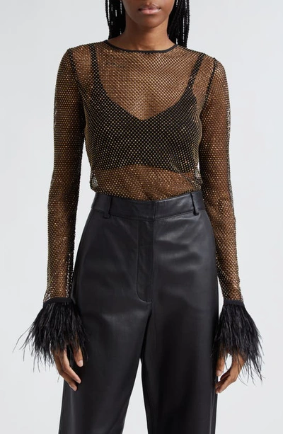 Camilla Hotfix Mesh Top With Ostrich Feathers In Soul Of A Star Gazer