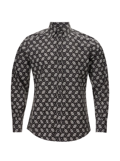 Dolce & Gabbana Black Cotton Shirt With Micro Floral White Print