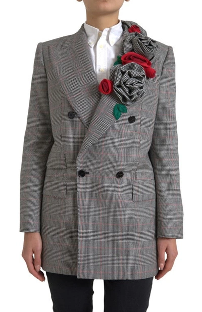 Dolce & Gabbana Grey Plaid Rose Applique Coat Blazer Jacket