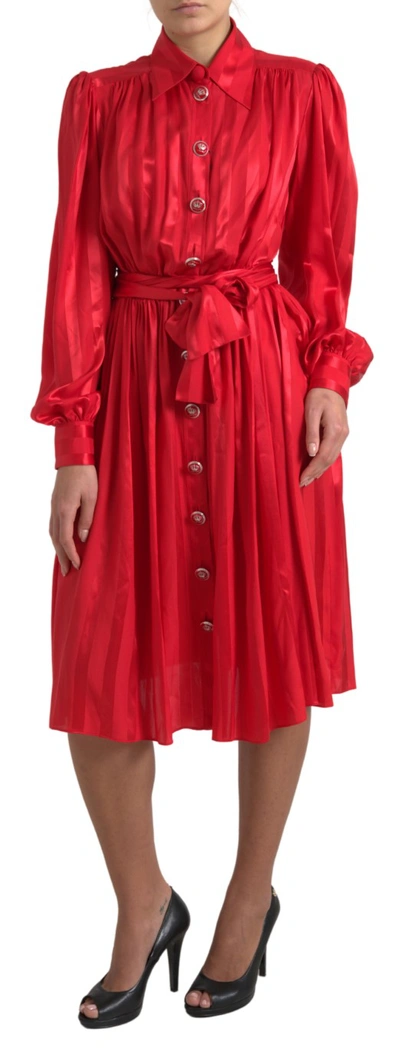 DOLCE & GABBANA DOLCE & GABBANA ELEGANT RED SILK MIDI DRESS WITH BUTTON WOMEN'S DETAIL