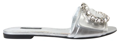 DOLCE & GABBANA DOLCE & GABBANA CRYSTAL-EMBELLISHED SILVER LEATHER WOMEN'S SLIDES