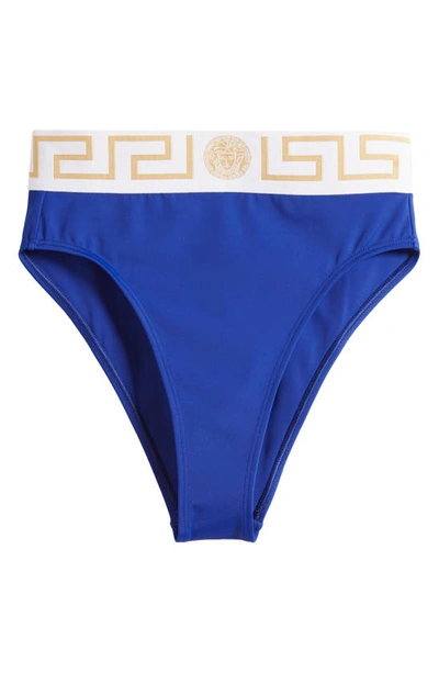 Versace Greca Border High Waisted Bikini Bottom In Royal Blue  White  & Gold