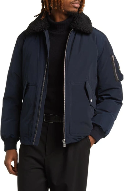 Hugo Boss Water-repellent Jacket With Faux-fur Collar In Dark Blue