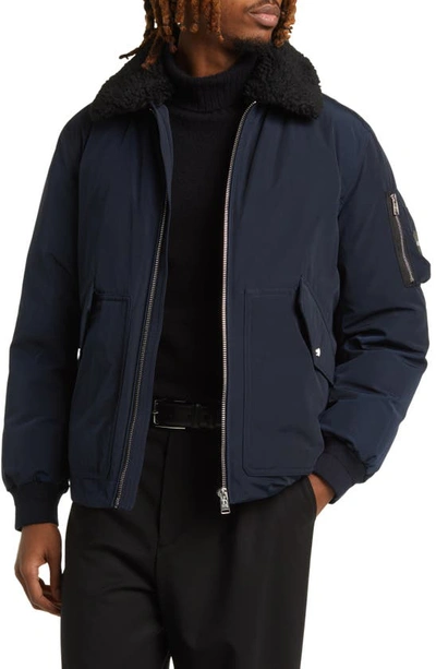 Hugo Boss Boss Calliano Faux Shearling Collar Water Repellent Jacket In Dark Blue