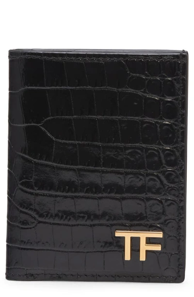 Tom Ford T-line Alligator Embossed Leather Bifold Card Holder In 1n001 Black