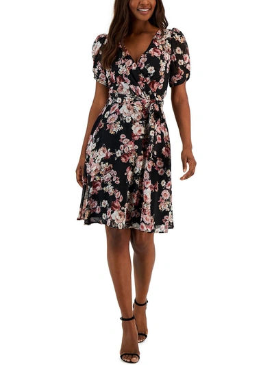 Connected Apparel Womens Swiss Dot Floral Fit & Flare Dress In Black