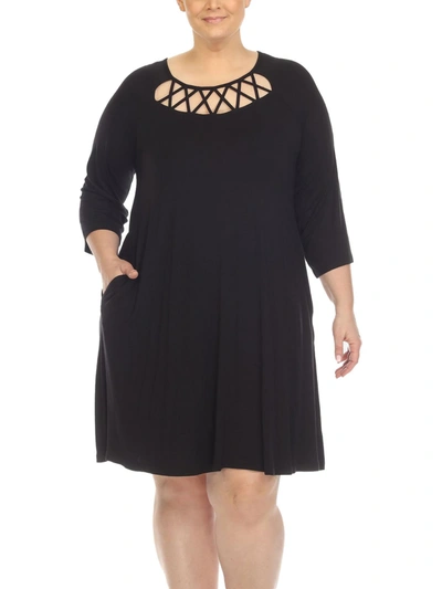 White Mark Plus Size Criss Cross Neckline 3/4 Sleeve Swing Dress In Black