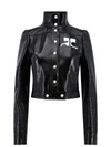 Courrèges Glossy Black Coat With High Collar And Logo Detailing In Green