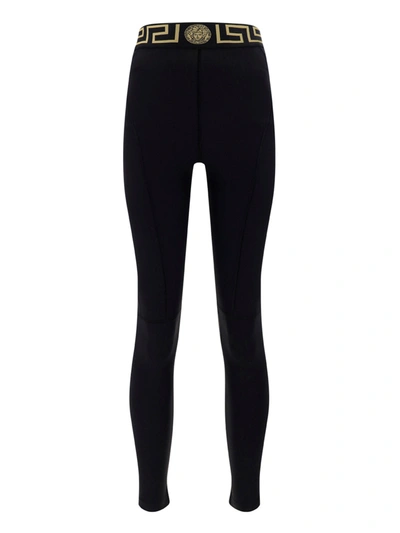 Versace Jacquard-trimmed Stretch-cotton Leggings In Black,gold