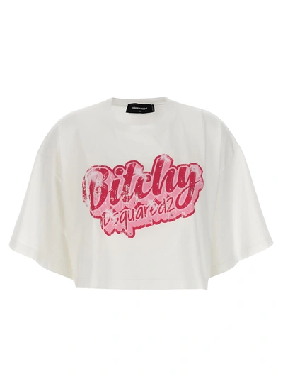 Dsquared2 Logo Print Cropped T-shirt In Blanco