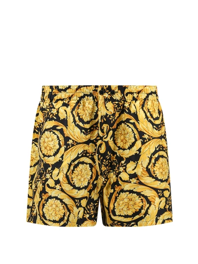 Versace Barocco Print Silk Loungewear Shorts In Black,gold