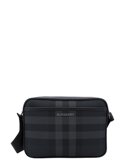 Burberry Coated Canvas And Leather Shoulder Bag With Check Motif In Charcoal