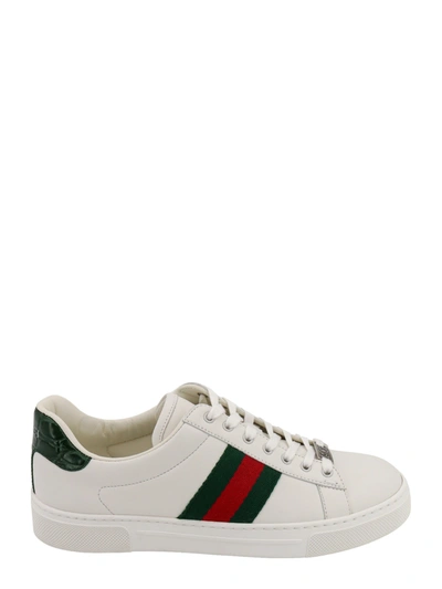 Gucci Leather Sneakers With Iconic Web Band In White