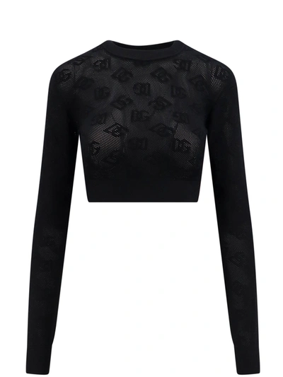 Dolce & Gabbana Cropped Mesh-stitch Viscose Sweater With Jacquard Dg Logo In ブラック