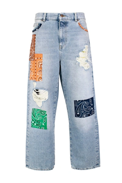 Alanui Baggy-cut Patchwork-design Jeans In Blue