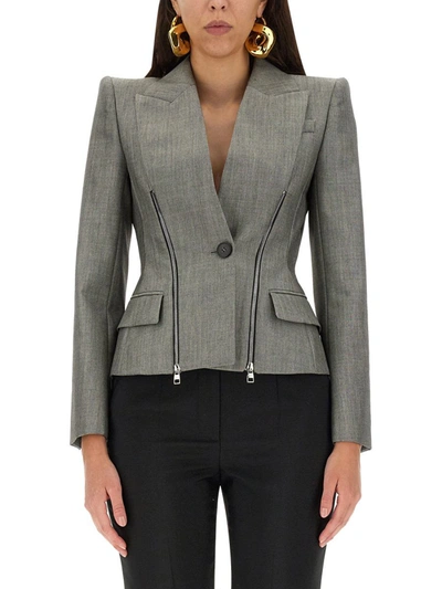 Alexander Mcqueen Wool Blazer Jacket With Zipper Detail In Grey