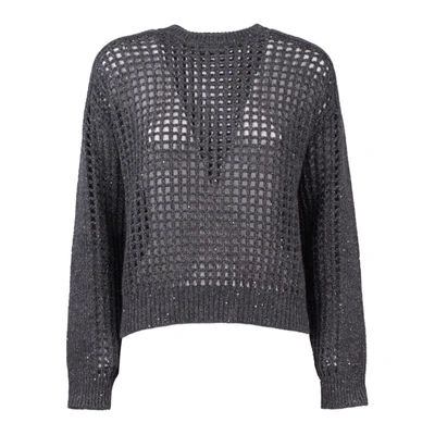 Brunello Cucinelli Sparkling Net Sweater In Cashmere Wool And Mohair In Gray