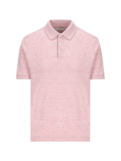 Brunello Cucinelli Ribbed-collar Slub-texture Polo Shirt In Pink