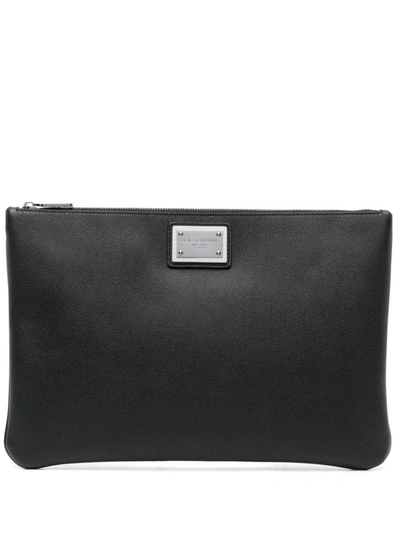 Dolce & Gabbana Black Clutch With Logo Plaque In Hammered Leather Man