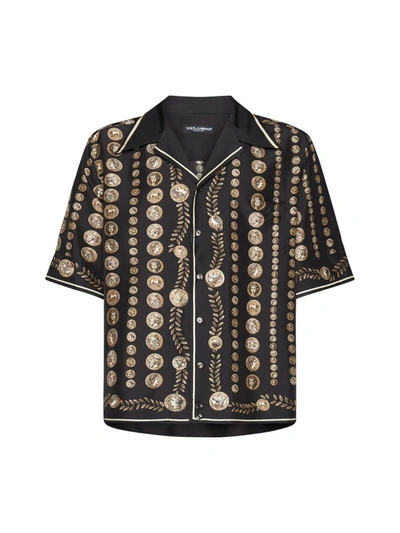 Dolce & Gabbana Monete-print Silk Shirt In Brown