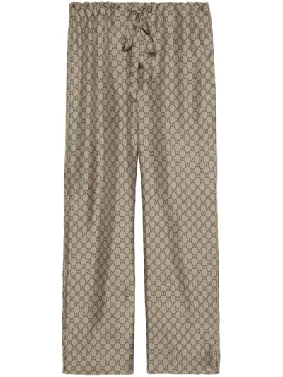 Gucci Gg Supreme Print Silk Pant In Beige