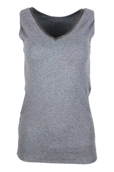 Fabiana Filippi Tank Top In Organic Cotton Jersey With Both V-neck And Crew-neck Embellished With Rows Of Brilliant  In Grey