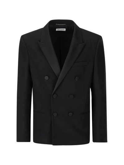 Saint Laurent Double-breasted Grain De Poudre Tuxedo Jacket In Black